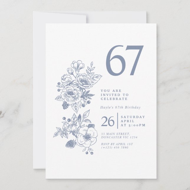 Invitation Fleur sauvage botanique Dusty Blue 67e anniversair (Devant)