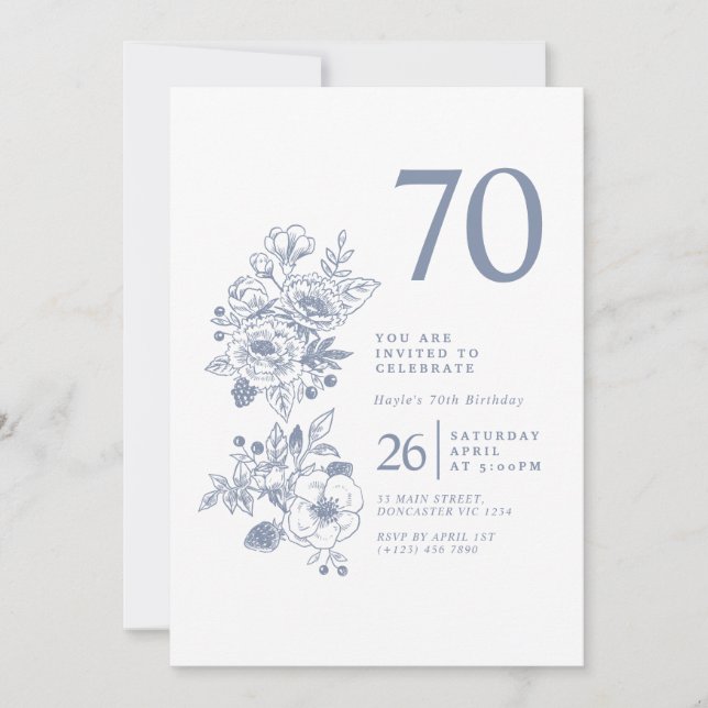 Invitation Fleur sauvage botanique Dusty Blue 70e anniversair (Devant)