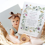 Invitation Fleur sauvage botanique | Élégant Baptême Photo Re<br><div class="desc">Ces invitations fantaisistes au baptême présentent sur un arrière - plan blanc un cadre de fleurs sauvages illustrés,  colorés,  rose,  orange,  violet et blanc et de feuilles verts. La photo de votre bébé va à l'arrière. Un design Baptême ou Christening simple,  à la fois boho et élégant.</div>