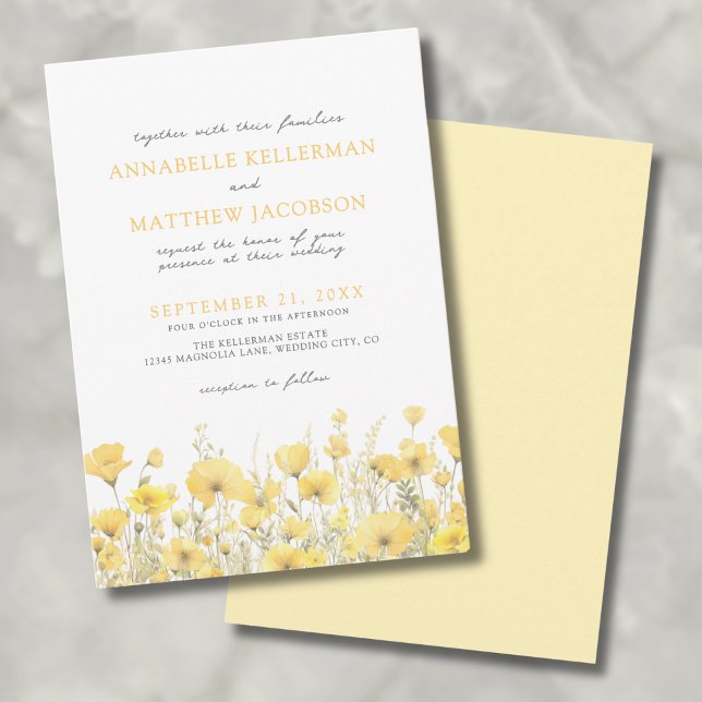 Invitation Fleur sauvage botanique Jaune Mariage floral (Botanical Wildflower Yellow Floral Wedding Invitation)