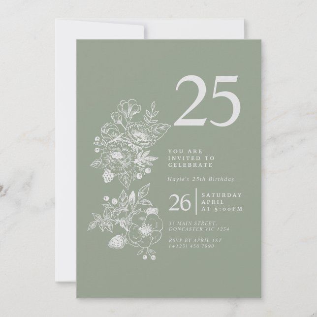Invitation Fleur sauvage botanique Sage Green 25e anniversair (Devant)