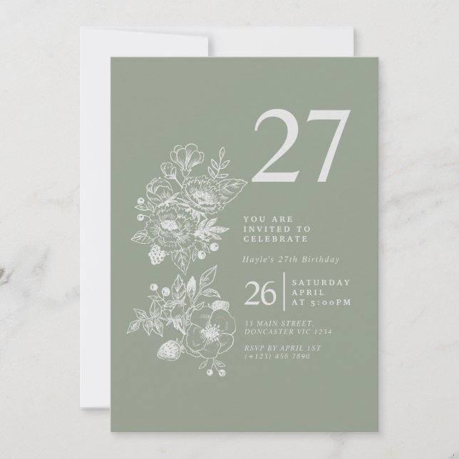 Invitation Fleur sauvage botanique Sage Green 27e anniversair (Devant)