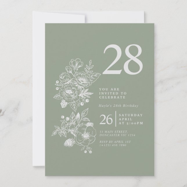 Invitation Fleur sauvage botanique Sage Green 28e anniversair (Devant)