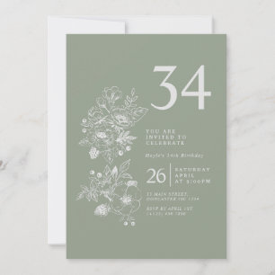 Invitation Fleur sauvage botanique Sage Green 34e anniversair