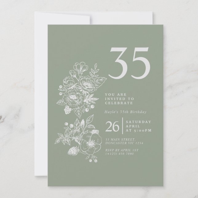 Invitation Fleur sauvage botanique Sage Green 35e anniversair (Devant)