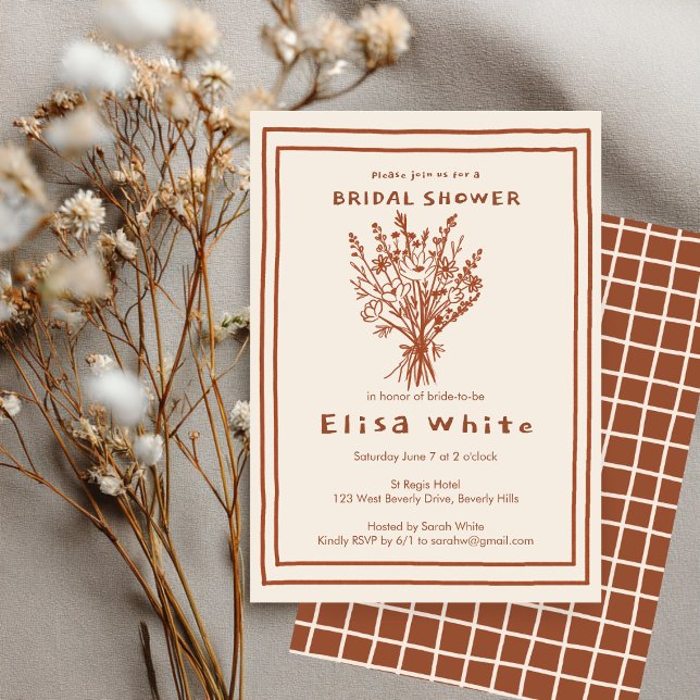 Invitation Fleur sauvage Bouquet Rustique Whimsical Fête des  (Wildflower Bouquet Rustic Whimsical Neutrals Hand-drawn Bridal Shower Invitation
)