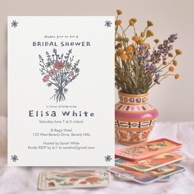 Invitation Fleur sauvage Bouquet Rustique Whimsical Fête des  (Wildflower Bouquet Rustic Whimsical Bridal Shower Invitation Sketch Doodle Floral Charming Cute
)