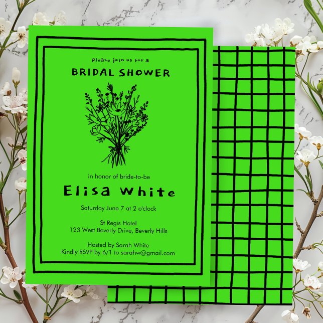 Invitation Fleur sauvage Bouquet Whimsical Fête des mariées B (Wildflower Bouquet Whimsical Bridal Shower Bold Lime Brat Neon Invitation
)