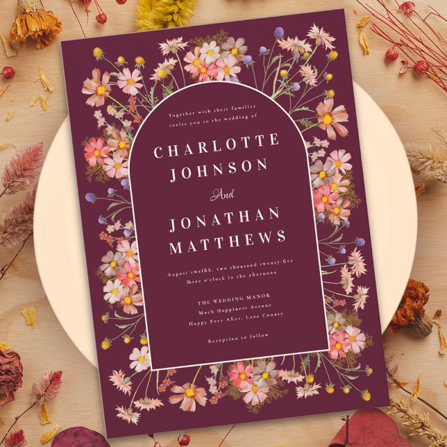 Invitation Fleur Sauvage Bourgogne Orange Brûlé Mariage d'Aut (Wildflower arch elegant script burgundy terracotta burnt orange fall wedding invitation )