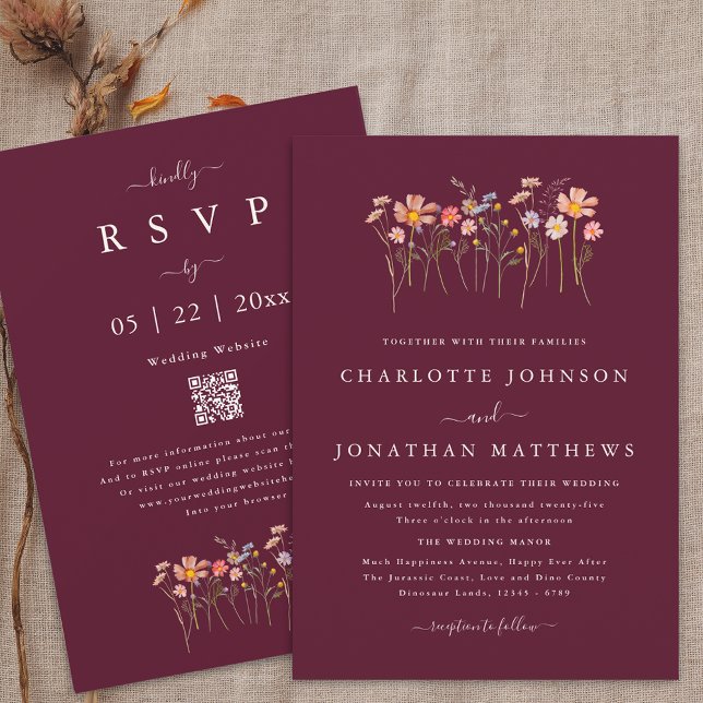 Invitation Fleur Sauvage Bourgogne & Terracotta Code QR Maria (Simple Wildflower meadow burgundy terracotta qr code wedding invitation watercolor flowers elegant)