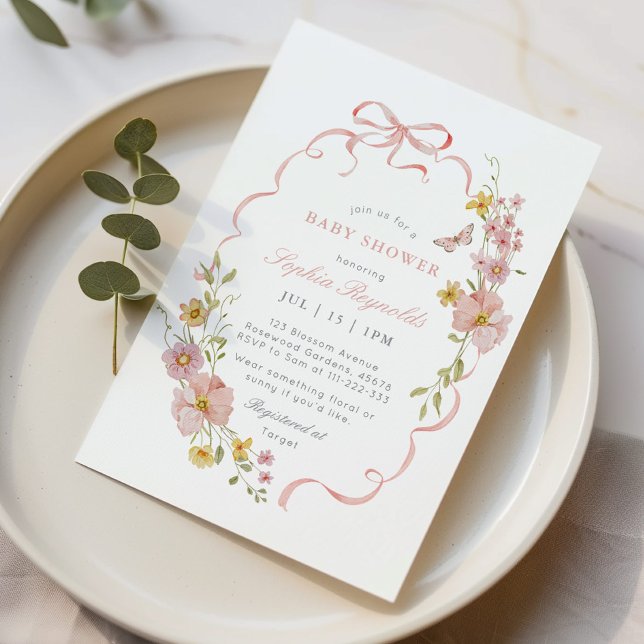 Invitation Fleur sauvage Bow frame Baby shower rose (Créateur téléchargé)