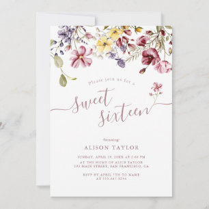 Invitation Fleur sauvage Calligraphie Sweet sixteen Anniversa