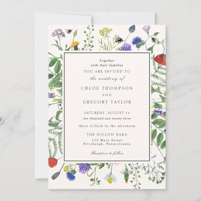 Invitation Fleur sauvage champs et miel abeilles Mariage (Devant)