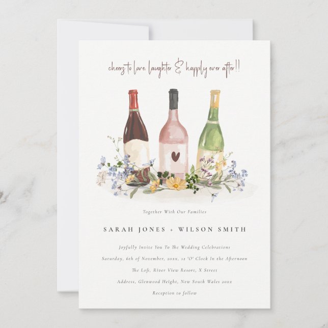 Invitation Fleur sauvage Cheers to Love Wine Bottts Mariage (Devant)