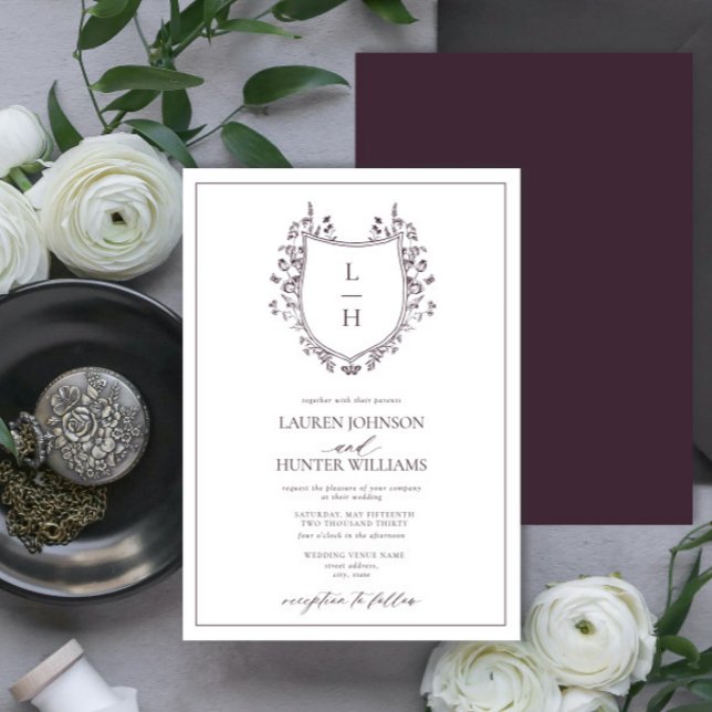 Invitation Fleur sauvage classique Monogram Crest Mariage (Créateur téléchargé)