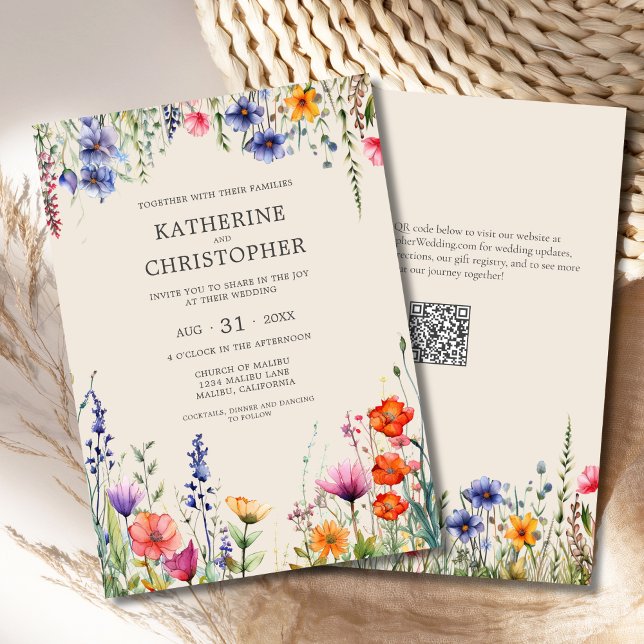 Invitation Fleur sauvage coloré Beige Elégant Mariage (Colorful Wildflowers Beige Elegant Wedding Invitation with jewel tone flowers in purple, red, orange)