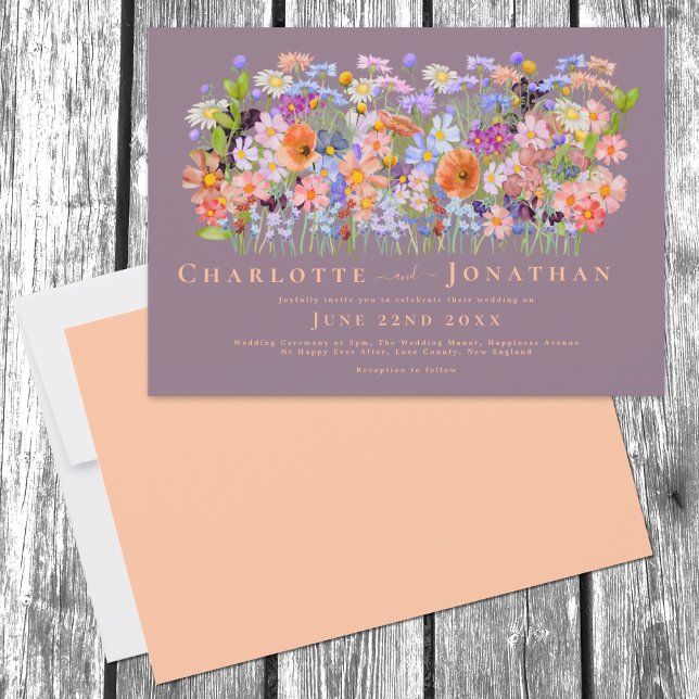 Invitation Fleur sauvage coloré Boho Chic Mariage  (Colorful Wildflower Boho Chic peach Wedding invitation with elegant typography script)