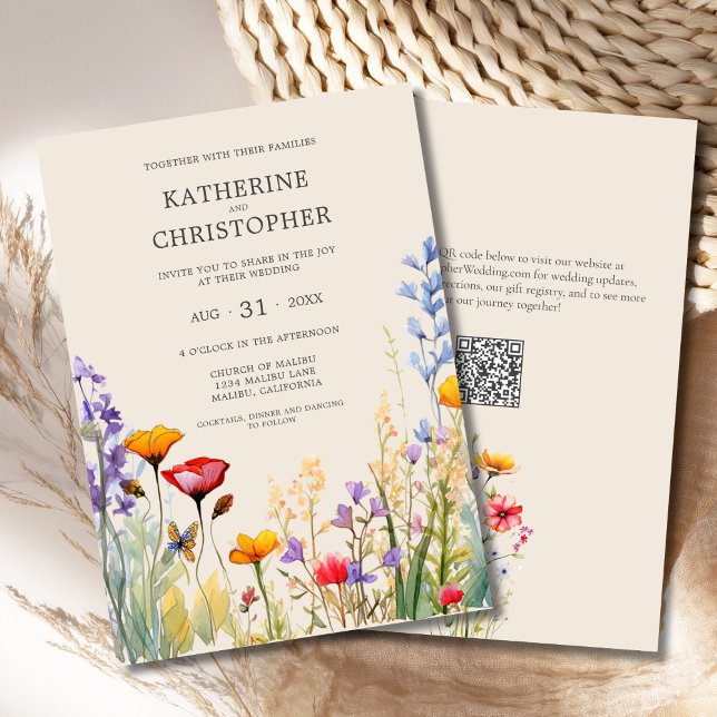 Invitation Fleur sauvage coloré Elégant Mariage beige (Colorful Wildflowers Elegant Beige Wedding Invitation with purple, orange, red, butterfly, QR code.)