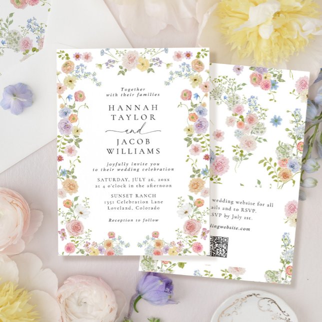 Invitation Fleur sauvage coloré Floral QR Code Mariage (Créateur téléchargé)