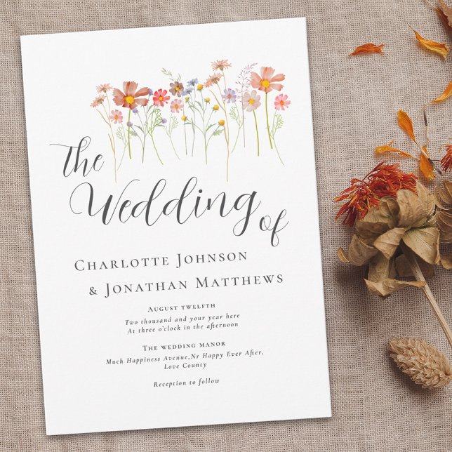 Invitation Fleur sauvage coloré Meadow Élégant Script (Colorful Wildflower boho floral elegant script Wedding invitation Watercolor flowers fall colors)