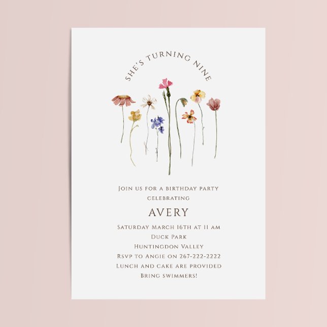 Invitation Fleur sauvage coloré Neuvième fête d'anniversaire (Créateur téléchargé)
