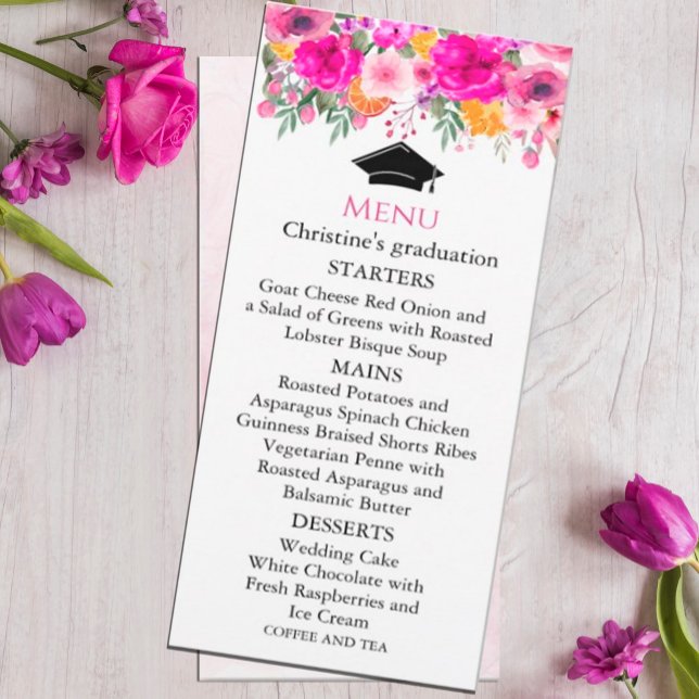 Invitation Fleur sauvage coloré Printemps Menu Graduation (watercolor flowers in shades of pink and white in rustic garden greenery. #graduationpartsupply )