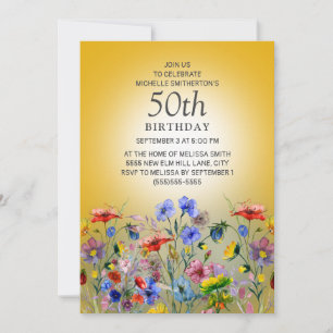 Invitation Fleur Sauvage Colorée Soleil Jaune 50e Anniversair