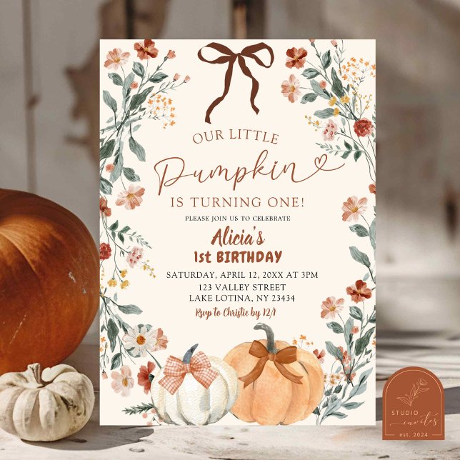 Invitation Fleur Sauvage Coquette Citrouille 1er Anniversaire (Créateur téléchargé)