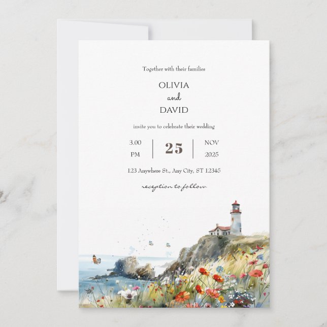 Invitation Fleur sauvage côtier Lighthouse Voir plage Mariage (Devant)