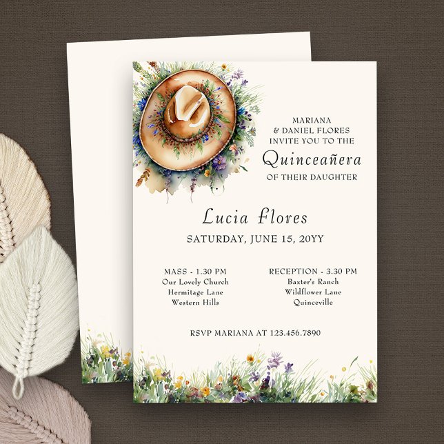 Invitation Fleur sauvage Cowgirl Casquette Rustic Quinceanera (Quinceanera and Mass Invitation from my Wildflower Cowgirl Hat Quinceanera Collection
)