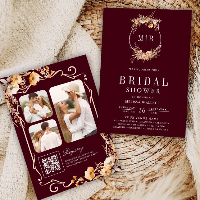 Invitation Fleur sauvage Crest QR Code Bourgogne Fête des mar (Créateur téléchargé)