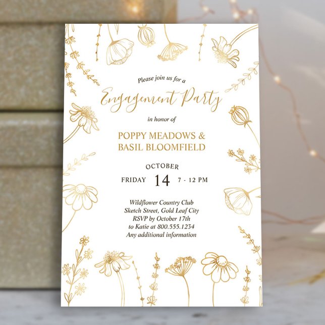 Invitation Fleur sauvage Croquis Gold Flowers Engagement Part (Gold Wildflower Engagement Party Invite from my Engagement Party Invitations Collection)