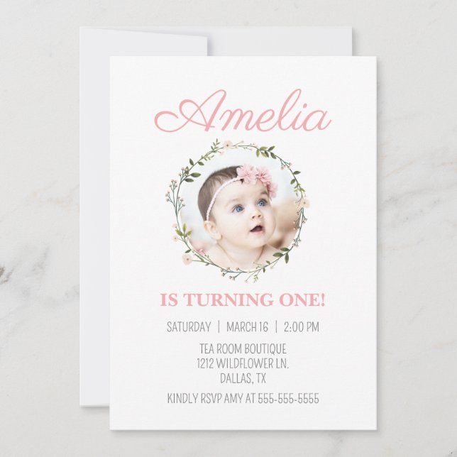 Invitation Fleur sauvage Dainty Pink Flower Photo Fille Anniv (Devant)