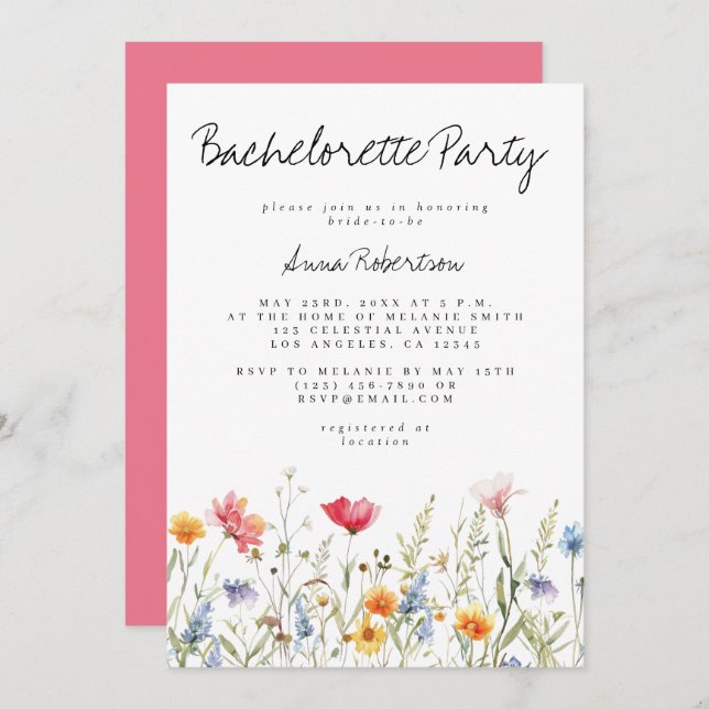 Invitation Fleur sauvage d'aquarelle Bachelorette (Devant / Derrière)