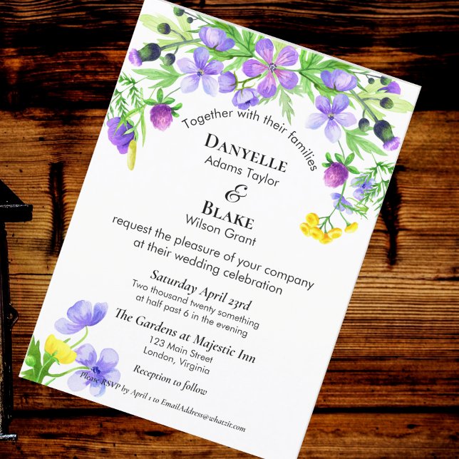 Invitation Fleur sauvage d'aquarelle bleu violet Mariage (Créateur téléchargé)