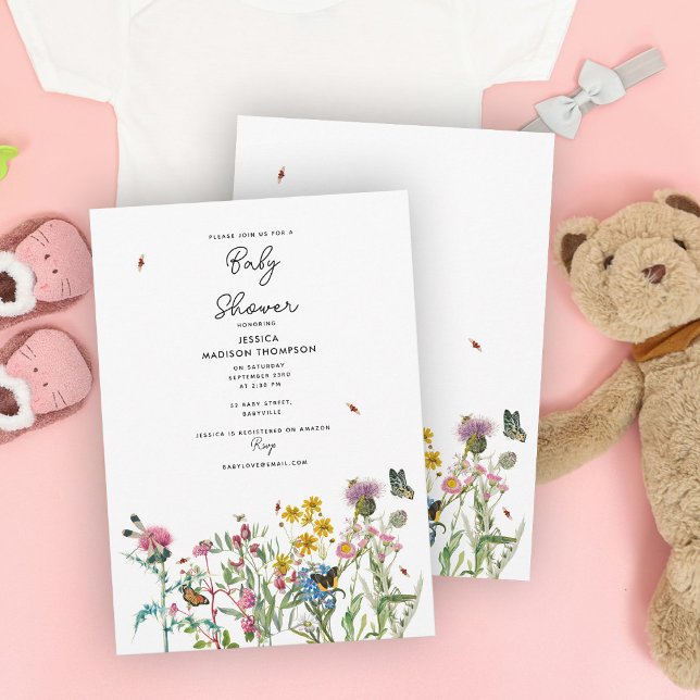 Invitation Fleur sauvage d'aquarelle Insectes Baby shower flo (Watercolor Wildflower Insects Floral Baby Shower Invitation)