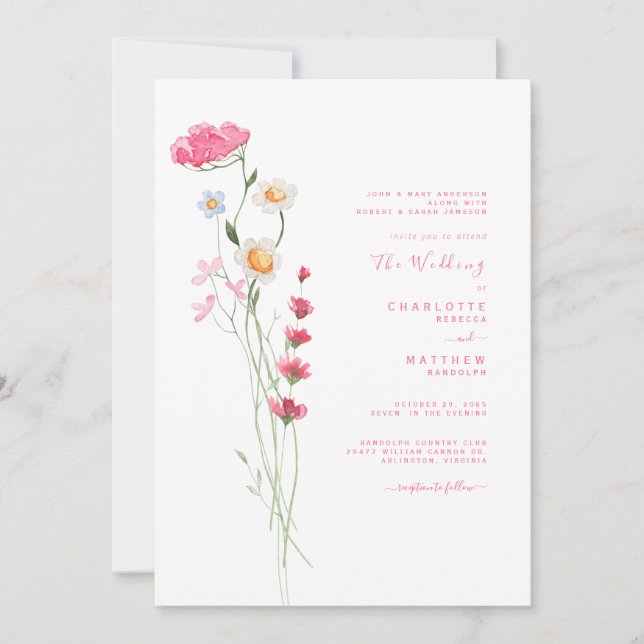 Invitation Fleur sauvage d'aquarelle rose chaud Mariage moder (Devant)