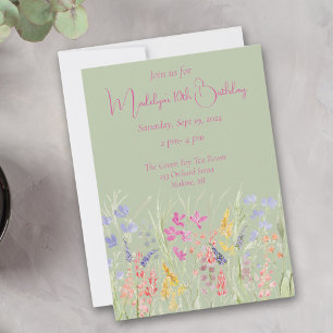 Invitation Fleur sauvage d'aquarelle verte Sage Anniversaire
