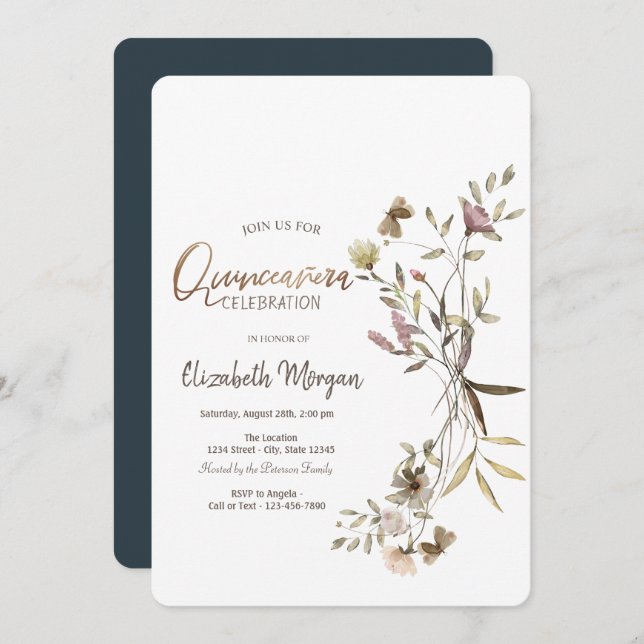 Invitation Fleur sauvage d'aquarelle Whimsical Quinceañera (Devant / Derrière)