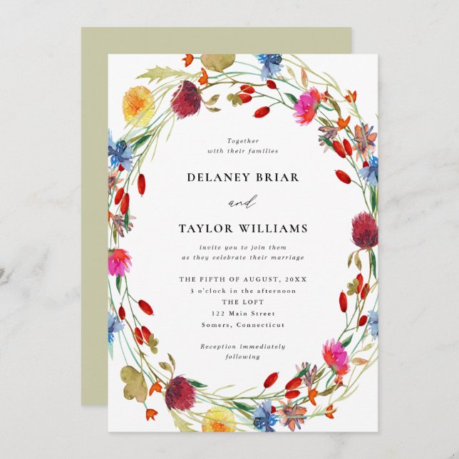 Invitation Fleur sauvage d'aquarelle Wreath tout en un Mariag (Devant / Derrière)