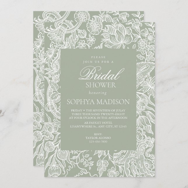 Invitation Fleur sauvage d'art simple Sage Green Line (Devant / Derrière)