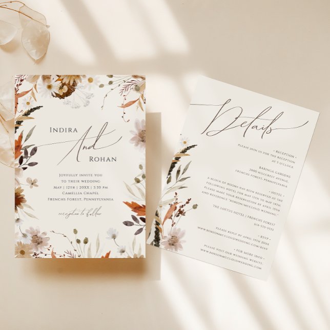 Invitation Fleur sauvage d'automne Boho | Beige Tout en un Ma (Créateur téléchargé)