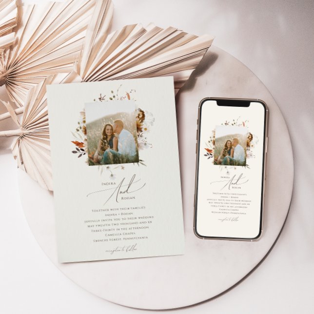 Invitation Fleur sauvage d'automne Boho | Mariage photo beige (Créateur téléchargé)