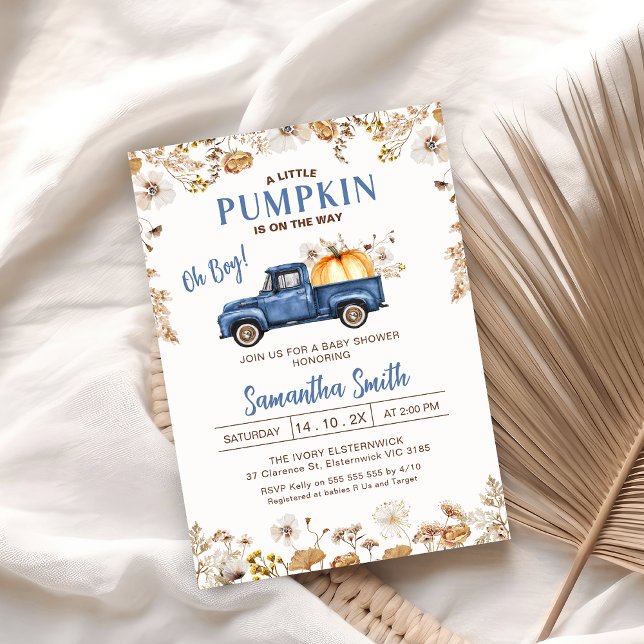 Invitation Fleur sauvage d'automne Citrouille bleu Baby showe (Wildflowers Fall Little Pumpkin Baby Shower Invitation, Boy Blue Little Pumpkin Truck Baby Shower )