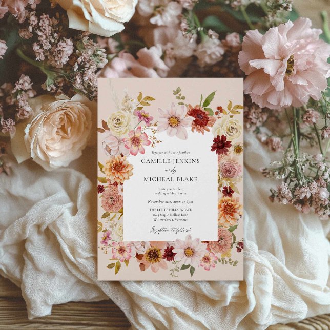 Invitation Fleur sauvage d'automne Mariage Boho (Elegant Autumn Floral Photo Wedding Invitation)