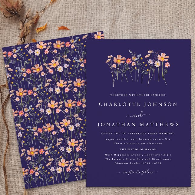 Invitation Fleur sauvage d'automne Mariage de la Marine Blue  (Boho fall Wildflower floral navy blue terracotta blush pink orange Wedding invitation)