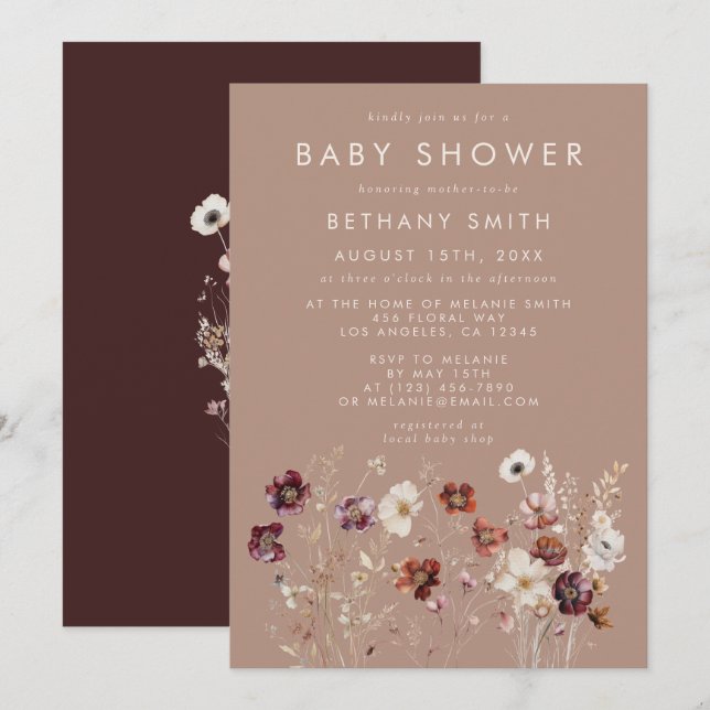 Invitation Fleur sauvage d'automne Meadow Taupe Baby shower (Devant / Derrière)
