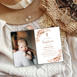 Invitation Fleur sauvage de Boho neutre photo Cross Baptême