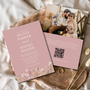 Invitation Fleur sauvage de Boho rose QR Code Mariage photo