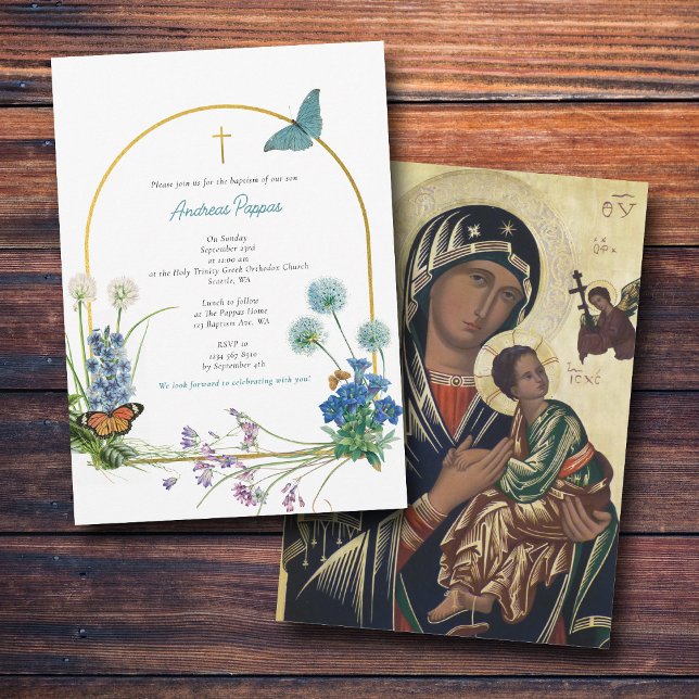 Invitation Fleur sauvage de garçon grec orthodoxe baptême (Greek Orthodox Christening Baptism Boy Wildflower Invitation)
